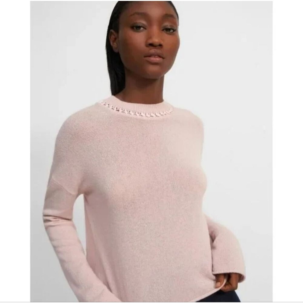 Theory 100% Cashmere Ribbon Trim Crewneck Sweater Romantic Blush Pink Small